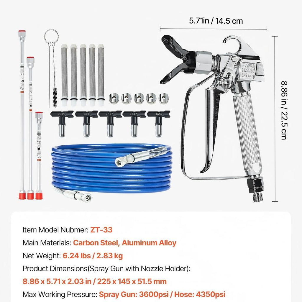 Airless Paint Spray Gun and Hose Kit, 3600PSI High Pressure Paint Sprayer Hose Set with 5 Tips, 211, 315, 417, 517, 623, Swivel Joint Airless Spray Gun Kit with Filters, Hose and Extension Rods