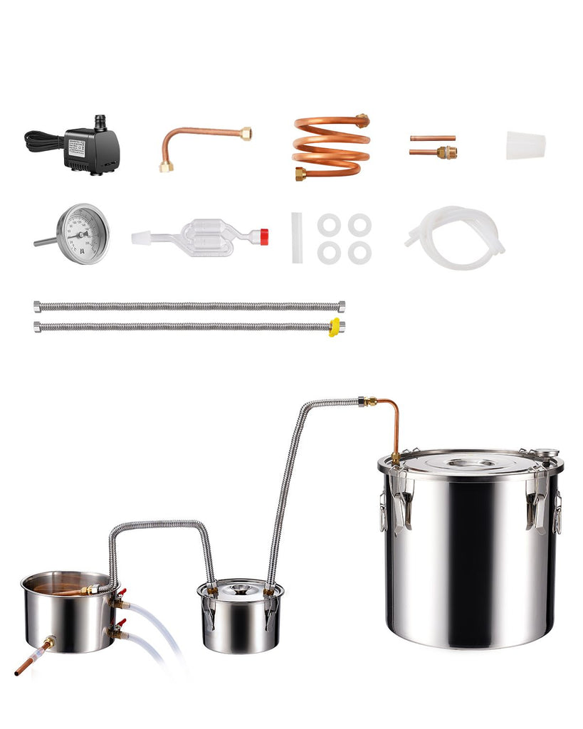 Alcohol Still, 13.2 Gal / 50 L Stainless Steel Water Alcohol Distiller with Copper Coil for Fast Cooling, Dual Condenser Distiller Kit with Secondary Distillation, for Wine Whisky Brandy, Silver