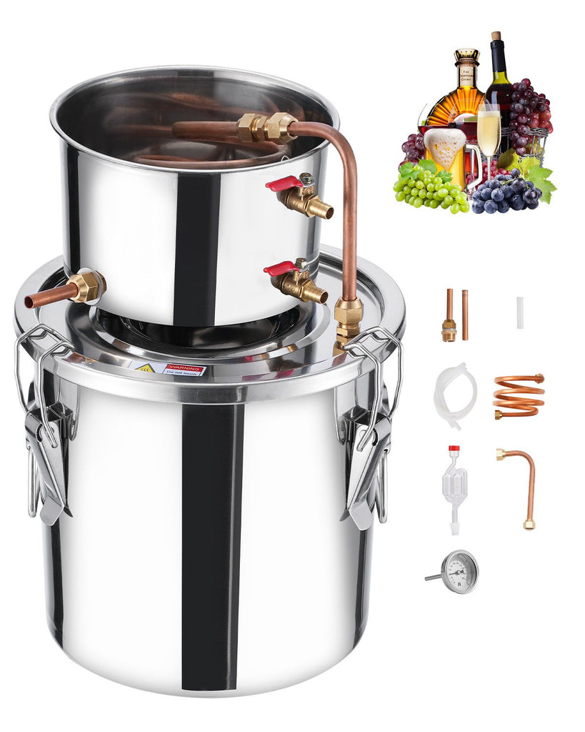 Alcohol Still, 3 Gal / 11.4 L Stainless Steel Water Alcohol Distiller with Copper Coil, Home Brewing Refining Fermentation Kit with Thermometer, for Wine Whisky Brandy, Silver