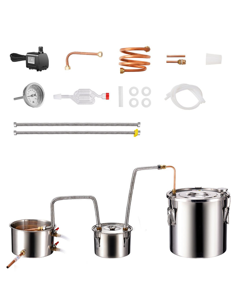 Alcohol Still, 5 Gal / 19 L Stainless Steel Water Alcohol Distiller with Copper Coil for Fast Cooling, Dual Condenser Distiller Kit with Secondary Distillation, for Wine Whisky Brandy, Silver