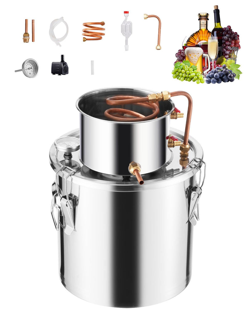 Alcohol Still, 5 Gal / 19 L Stainless Steel Water Alcohol Distiller with Copper Coil, Home Brewing Refining Fermentation Kit with Thermometer & Pump, for Wine Whisky Brandy, Silver
