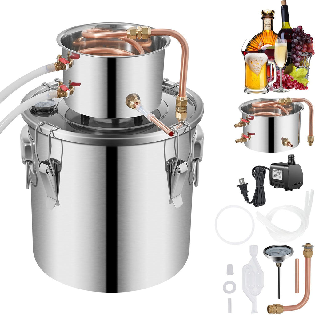 Alcohol Still 5Gal/21L, Alcohol Distiller with Circulating Pump, Alcohol Still Copper Tube, Whiskey Distilling Kit with Build-In Thermometer, Whiskey Making Kit for DIY Alcohol, Stainless Steel