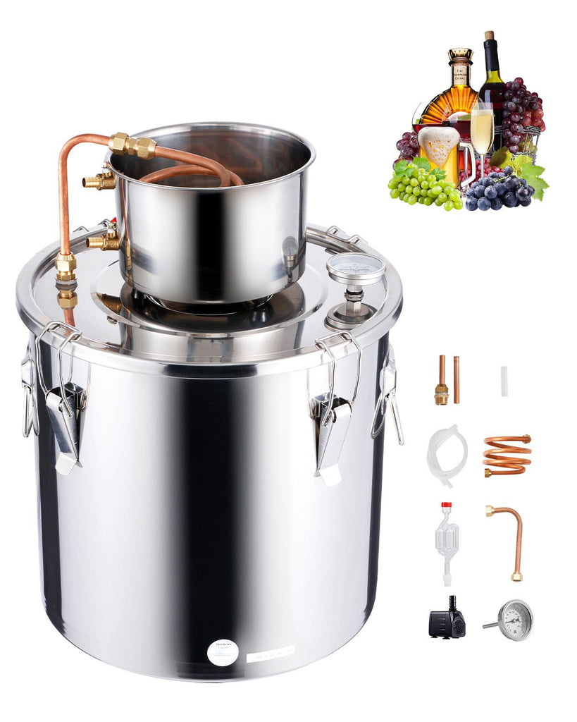 Alcohol Still, 8 Gal / 30 L Stainless Steel Water Alcohol Distiller with Copper Coil, Home Brewing Refining Fermentation Kit with Thermometer & Pump, for Wine Whisky Brandy, Silver