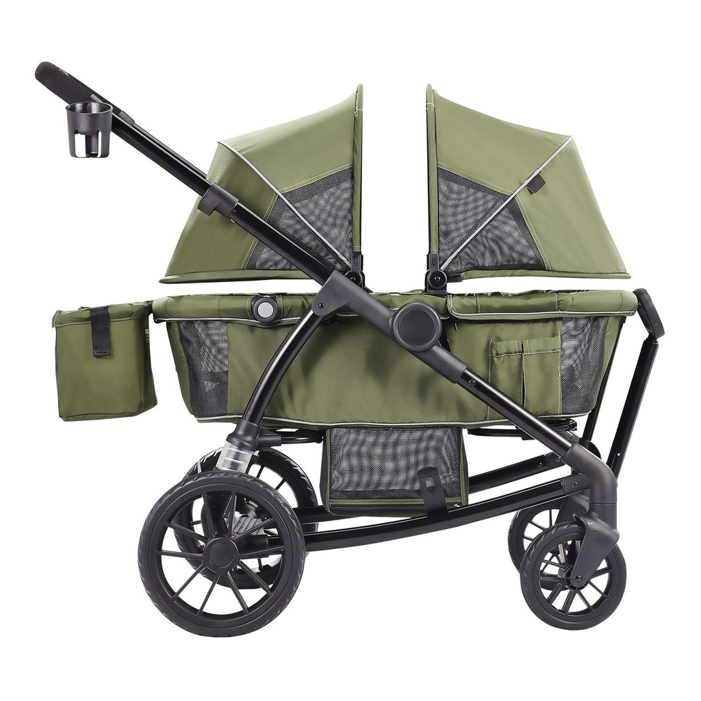 All-Terrain Stroller Wagon, 2 Seats Foldable Expedition 2-in-1 Collapsible Wagon Stroller, Includes Canopy, Parent Organizer, Snack Tray & Cup Holders, 55lbs for Single Seat, Olive Green