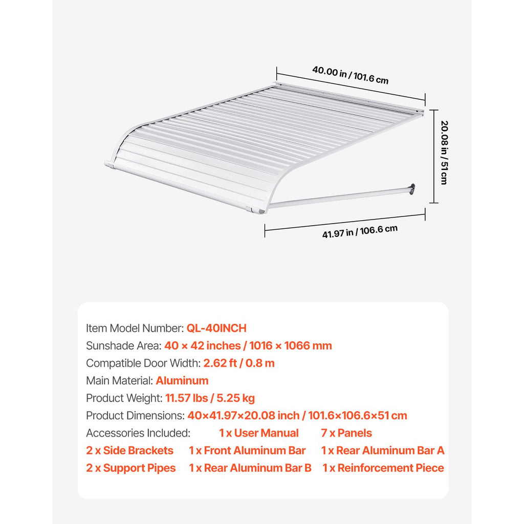Aluminum Awning 40 x 42 in, Durable Window Awning Door Canopy, Lightweight and Stable Aluminum Exterior Awnings Rain Snow Sunlight Protection for Door Entrance Windows Patio Porch