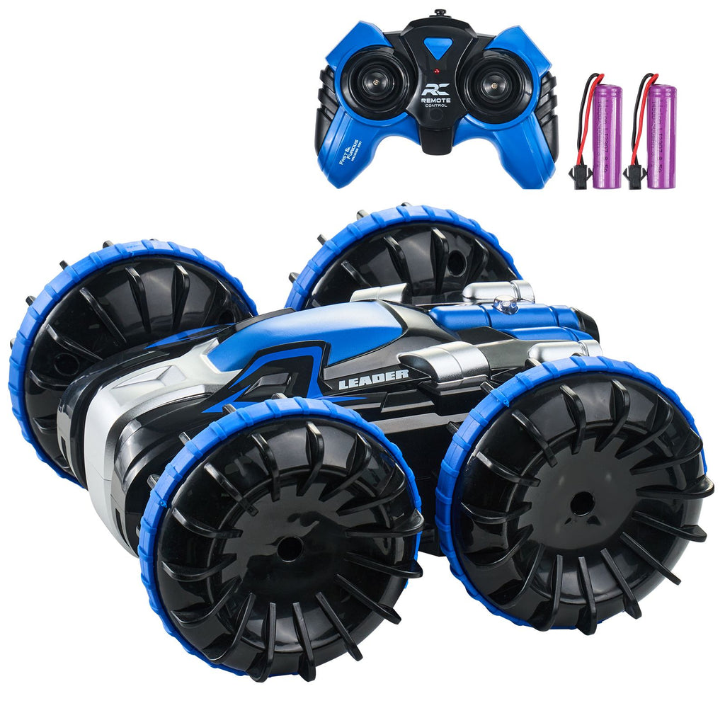 Amphibious Remote Control Car Boat, 2.4GHz 12 km/h, 4WD Waterproof RC Car for Kids, 360° Rotating Stunt Car with 2 Batteries, All Terrain Water Beach Pool Toy for 6+ Year Old Boys Girls, Blue