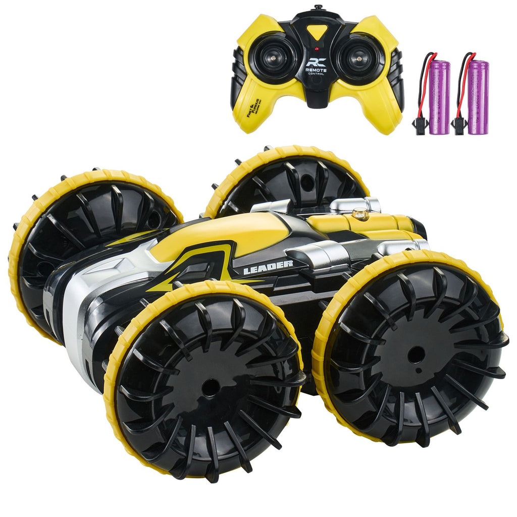 Amphibious Remote Control Car Boat, 2.4GHz 12 km/h, 4WD Waterproof RC Car for Kids, 360° Rotating Stunt Car with 2 Batteries, All Terrain Water Beach Pool Toy for 6+ Year Old Boys Girls, Yellow