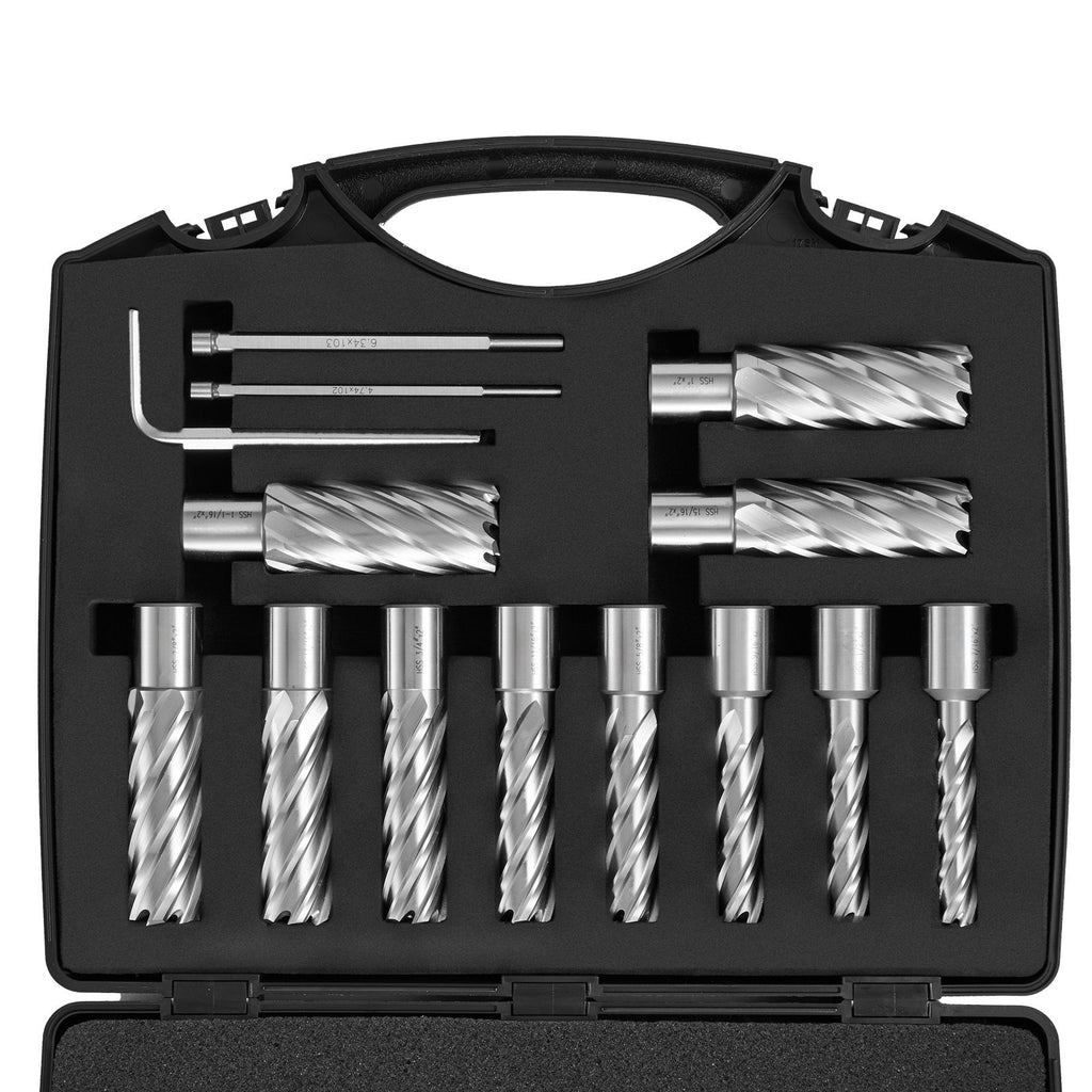 Annular Cutter Set, 13 pcs Weldon Shank Mag Drill Bits, 7/16" to 1-1/16" Cutting Diameter, 2" Cutting Depth, M2AL HSS, with 2 Pilot Pins, Hex Wrench and Portable Case, for Using with Magnetic Dr