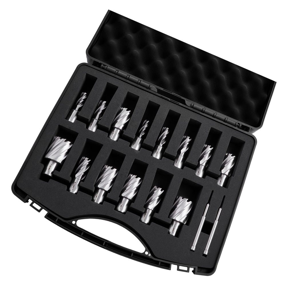 Annular Cutter Set, 16 pcs Weldon Shank Mag Drill Bits Kit, 1" Cutting Depth, 7/16" to 1-3/8" Cutting Diameter, HSS, 14 Drill Bits with 2 Pilot Pins, Plastic Case, for Magnetic Drills, Steel