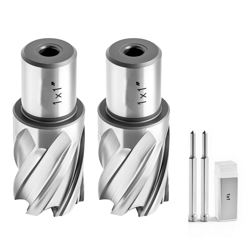 Annular Cutter Set, 4 pcs Weldon Shank Mag Drill Bits Kit, 1" Cutting Depth, 1" Cutting Diameter, HSS, 2 Drill Bits with 2 Pilot Pins and Plastic Cases, for Magnetic Drills, Steel, Aluminum