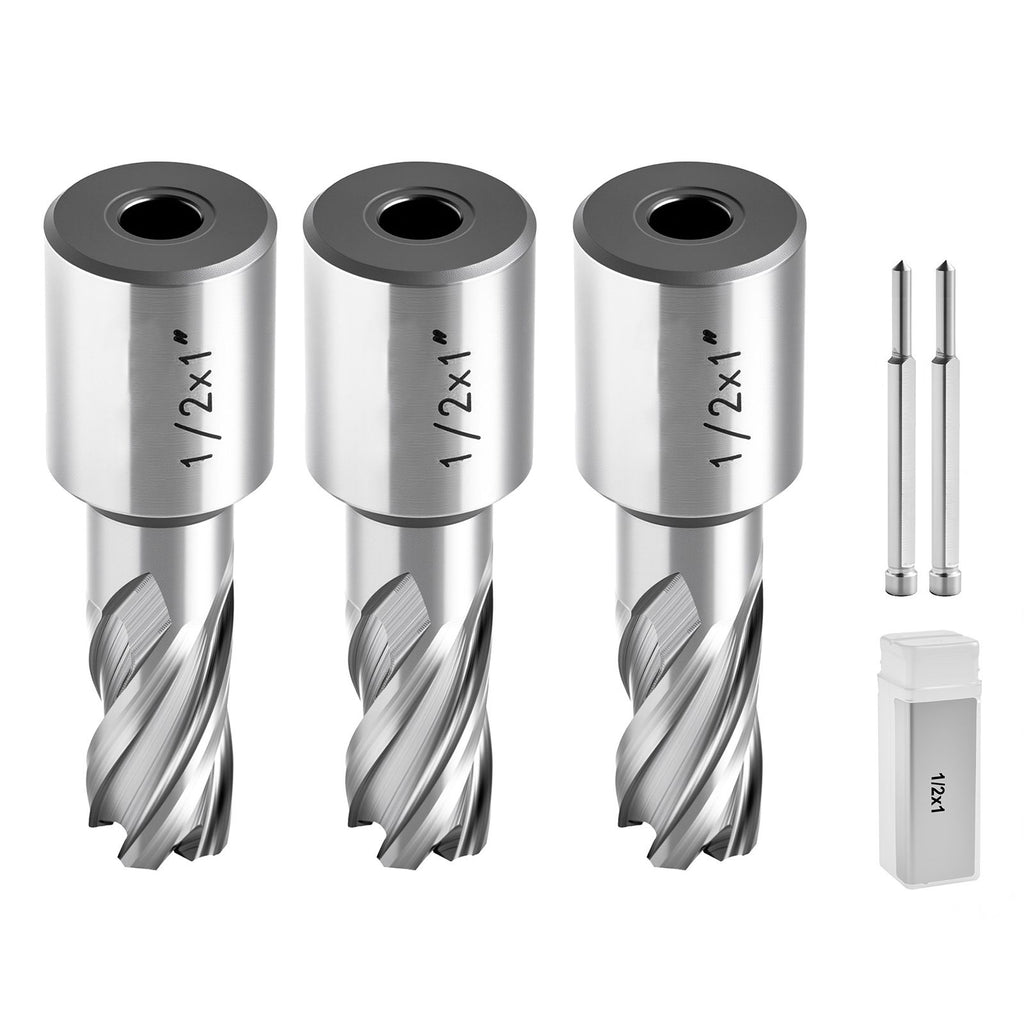 Annular Cutter Set, 5 pcs Weldon Shank Mag Drill Bits Kit, 1" Cutting Depth, 1/2" Cutting Diameter, HSS, 3 Drill Bits with 2 Pilot Pins and 3 Plastic Cases, for Magnetic Drills, Steel, Aluminum