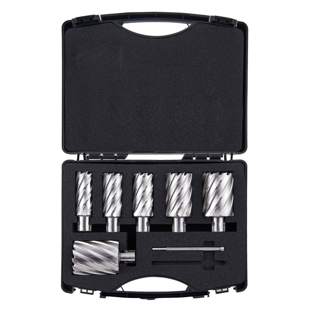 Annular Cutter Set, 6 pcs Universal Shank Mag Drill Bits, 1" to 2" Cutting Diameter, 2" Cutting Depth, M2AL High-Speed Steel, with 2 Pilot Pins and Portable Case, for Using with Magnetic Drills
