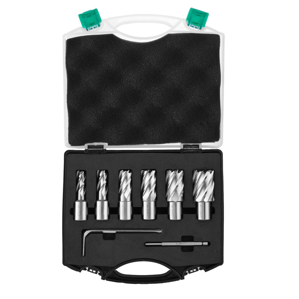 Annular Cutter Set, 6 pcs Weldon Shank Mag Drill Bits, 1/2" to 1-1/16" Cutting Diameter, 1" Cutting Depth, M2AL High-Speed Steel, with Pilot Pin and Portable Case, for Using with Magnetic Drills