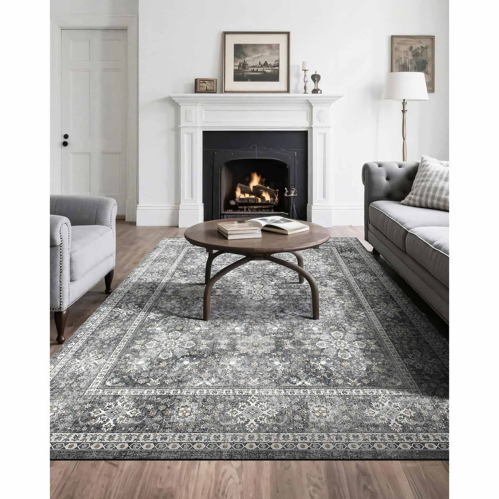 Area Rug, 8 x 10 ft Large Washable Rug, Non-Slip and Tear-Resistant Soft Carpet, Pet & Child Friendly Vintage Area Rugs, Indoor Mat for Bedroom, Living Room, Kids Room, Entryway, Office, Gray image 2