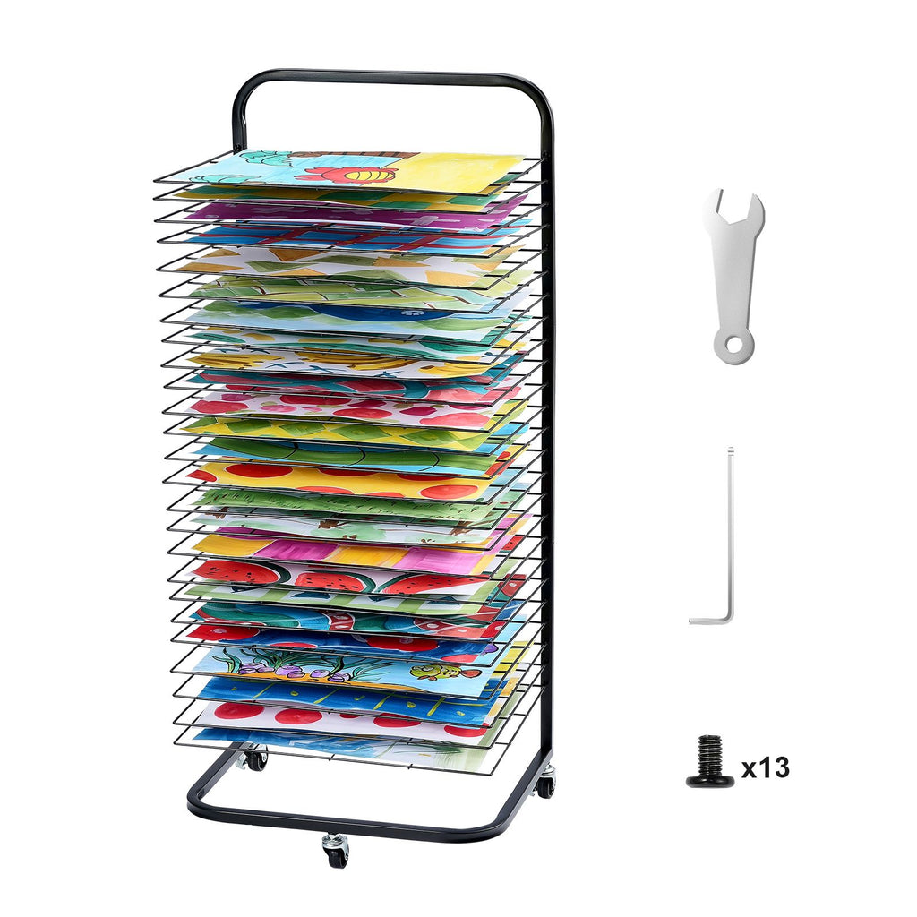 Art Drying Rack, 25 Removable Shelves 17 x 13 x 39.4 inch Paint Drying Rack With Lockable Wheels, Carbon Steel Painting Drying Rack for Artwork in Classroom, Art Studios and Schools, Black
