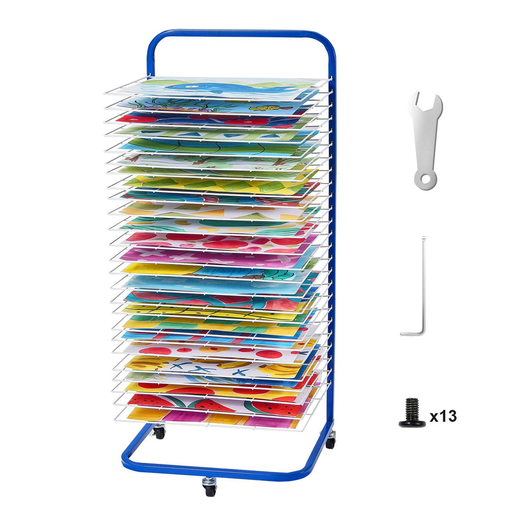 Art Drying Rack, 25 Removable Shelves 17 x 13 x 39.4 inch Paint Drying Rack With Lockable Wheels, Carbon Steel Painting Drying Rack for Artwork in Classroom, Art Studios and Schools, Blue+White