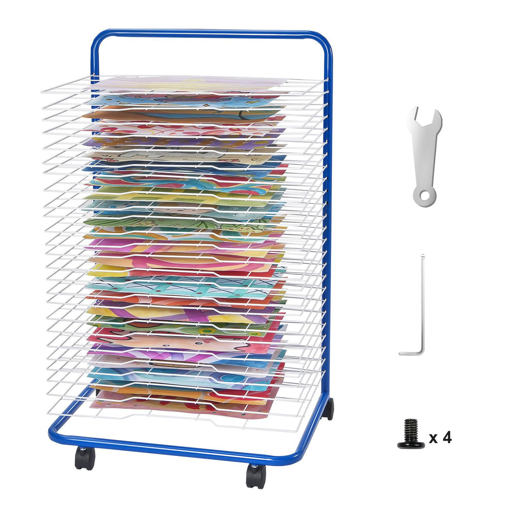 Art Drying Rack, 25 Removable Shelves 23.75 x 17.5 x 38 inch Paint Drying Rack With Lockable Wheels, Carbon Steel Painting Drying Rack for Artwork in Classroom, Art Studios, Schools, Blue+White