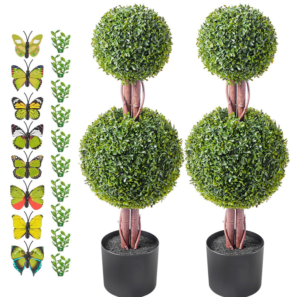 Artificial Boxwood Topiary Tree, 36 inch Tall (2 Pieces), Double Ball Faux Topiary Trees, Faux Plant w/ Extra Leaves & Pot & Small Decoration, UV Rated Set for Home Decor Indoor/Outdoor