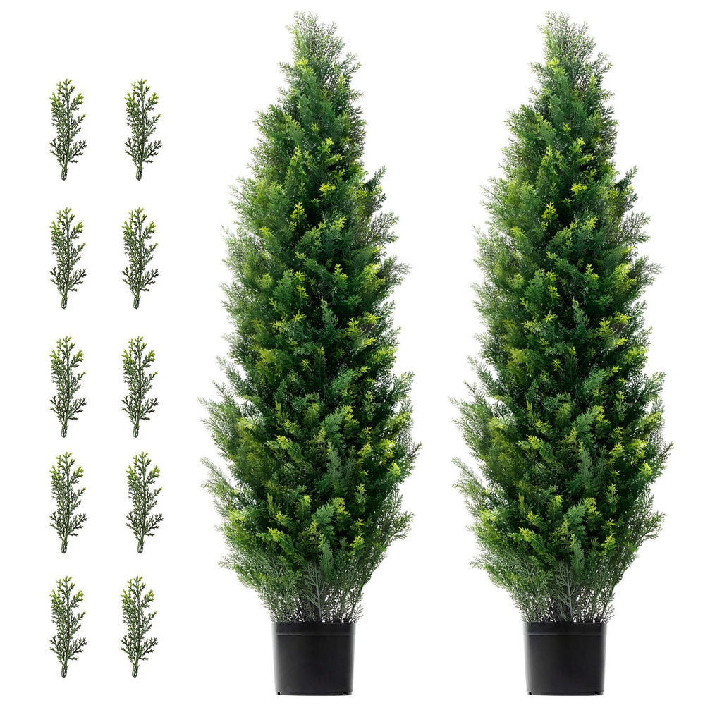 Artificial Cedar Topiary Tree, 48 inch Tall (2 Pieces), with Extra Leaves & Pot Faux Evergreen Fake Pine Cypress Trees Plant, UV Rated Artificial Greenery Set for Home Decor Indoor/Outdoor