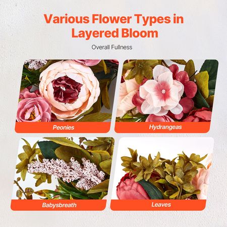 Artificial Decorative Wreath, 19 in, Pink, Decorated with Peonies, Hydrangeas, Babysbreath, Year Round Wreath for All Seasons Indoor and Outdoor Home Wall Window Festival Wedding Decorations
