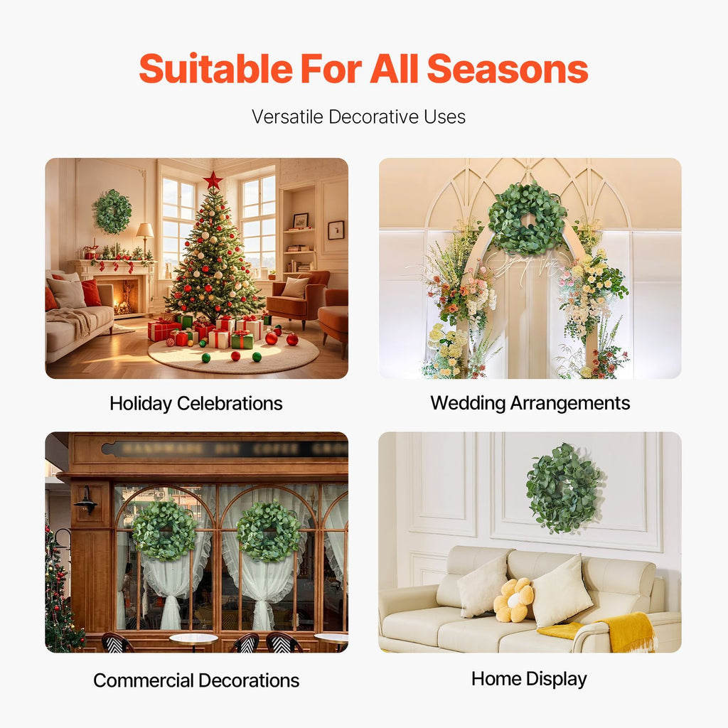 Artificial Decorative Wreath, 26 in, Green, Decorated with Eucalyptus Leaves, Berries, Thorny Stems, Year Round Wreath for All Seasons Indoor and Outdoor Home Wall Window Festival Decorations
