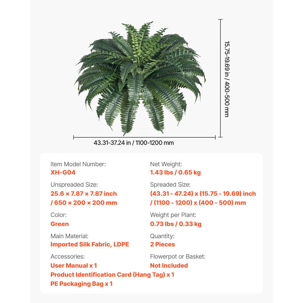 Artificial Ferns 2 Pcs, Natural Spread Diameter 43-47 Inch, Large Hanging Artificial Boston Ferns, Fake Plant Wall Decor with 50 Branches, Faux Fern for Home and Office (Flowerpot Unincluded)