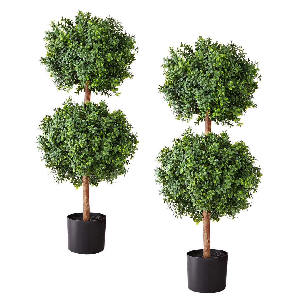 Artificial Topiary Boxwood Double Ball, 2 Set 36 inch Faux Boxwood Plant Balls, Fake Silk Tree Look Real, Easy Assembly for Decor Front Porch Outdoor Patio Garden Balcony Backyard Indoor