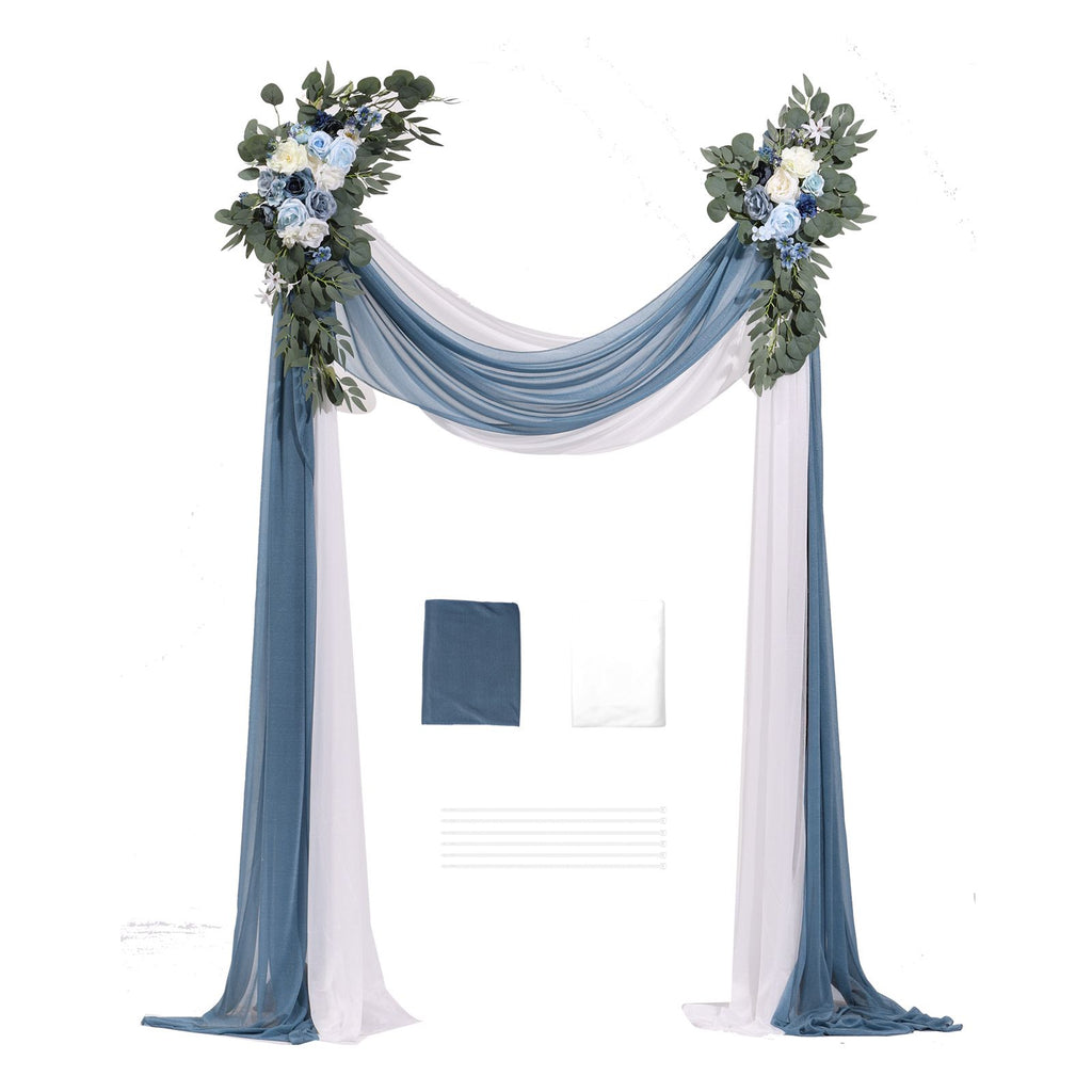 Artificial Wedding Arch Flowers Kit, Blue Wedding Arch Flowers with Drapes Kit (Pack of 4) - 2 Pcs Floral Arrangement, 2 Pcs Sheer Drapes, for Ceremony Bouquets Reception Backdrop Decoration