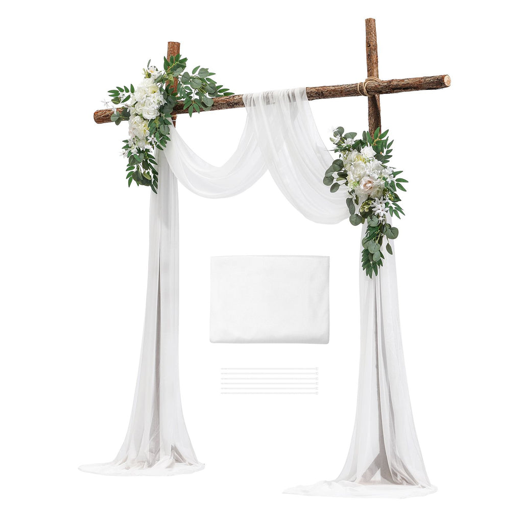 Artificial Wedding Arch Flowers Kit, White Wedding Arch Flowers with Drapes Kit (Pack of 3) - 2 Pcs Floral Arrangement, 1 Pcs Sheer Drapes, for Ceremony Bouquets Reception Backdrop Decoration
