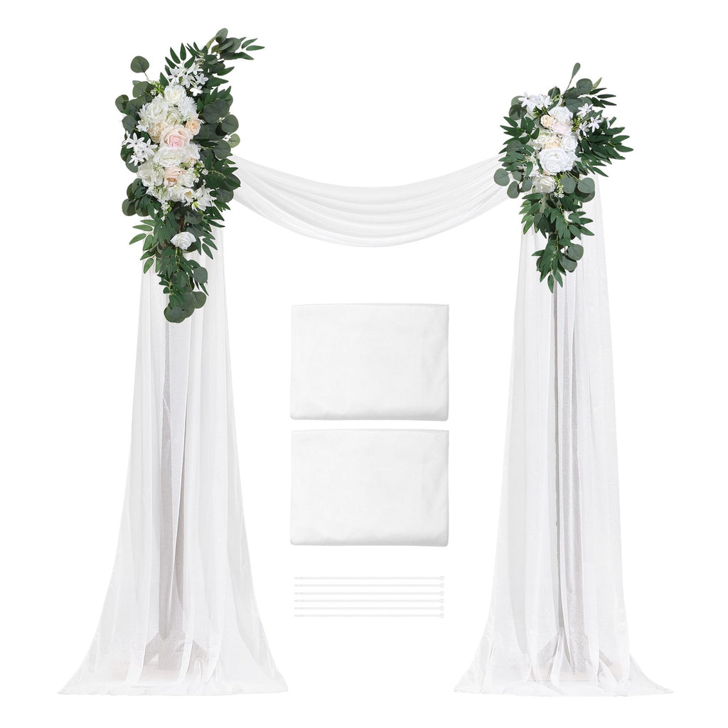 Artificial Wedding Arch Flowers Kit, White Wedding Arch Flowers with Drapes Kit (Pack of 4) - 2 Pcs Floral Arrangement, 2 Pcs Sheer Drapes, for Ceremony Bouquets Reception Backdrop Decoration