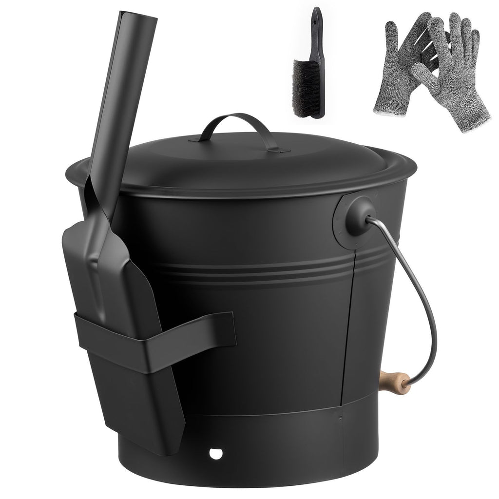 Ash Bucket, 4 PCS with Lid, Shovel, Broom and Gloves, Metal Fireplace Charcoal Bucket and Ash Can, 2.6 GAL Large Capacity for Fireplace, Fire Pits, Wood Burning Stoves, Indoor and Outdoor