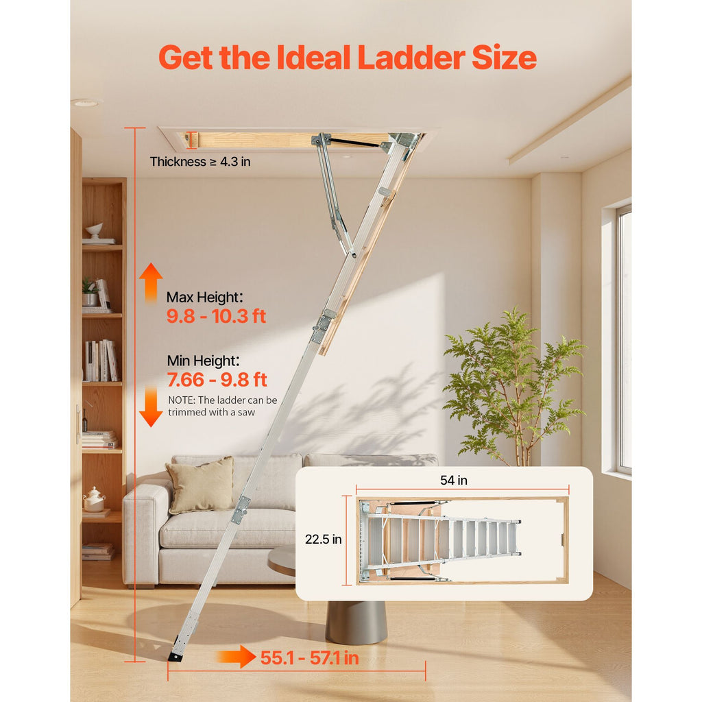 Attic Ladder, 375LBS / 170KG Capacity, 9.8 to 10.3 ft / 3 to 3.13 m Height Adjustable, Multi-Purpose Foldable Aluminium Attic Stairs, Fits 7.66 to 10.25 ft Ceiling Heights for Convenient Access