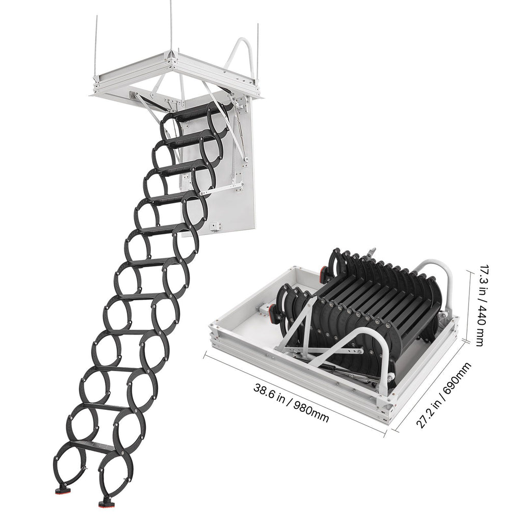Attic Ladder, 660LBS/299.4KG Capacity, Fits 8.5 to 9.4 ft Ceiling Height and 39.4 x 27.5 inch Opening Size, Alloy Steel Pull-Down Retractable Ceiling Stair with Pulling Rod for Attic Loft Roof