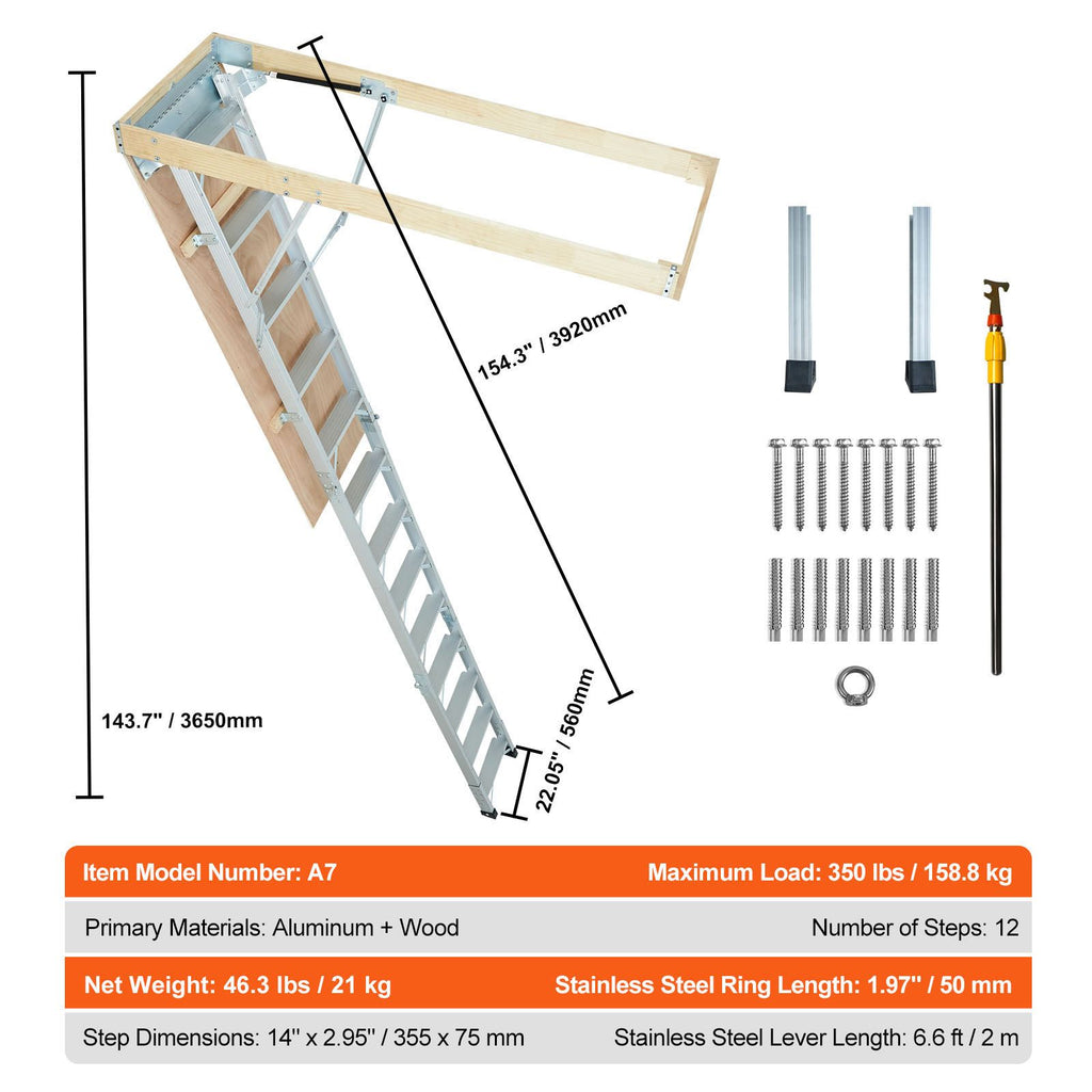 Attic Ladder Foldable, 350-pound Capacity, 22.5" x 63", Multi-Purpose Aluminium Extension, Lightweight and Portable, Fits 9.5'-12' Ceiling Heights, Convenient Access to Your Attic Standard