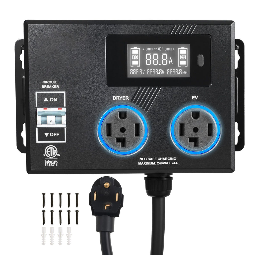 Automatic EV Charging Switch, NEMA 14-30, Splitter Switch for Dryer & EV Charger, 24A Max 240V Smart Power Distribution with Circuit Breaker, Real-Time Display, for EVs, Ovens, Dishwashers, ETL