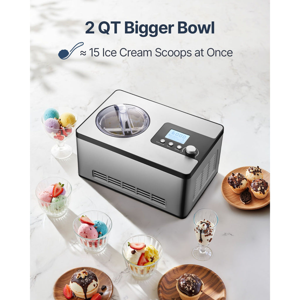 Automatic Ice Cream Maker with Built-in Compressor, 2 Quart No Pre-freezing Fruit Yogurt Machine, Stainless Steel Electric Sorbet Maker, 3 Modes Gelato Maker with LCD Display & Timer, Silver image 2