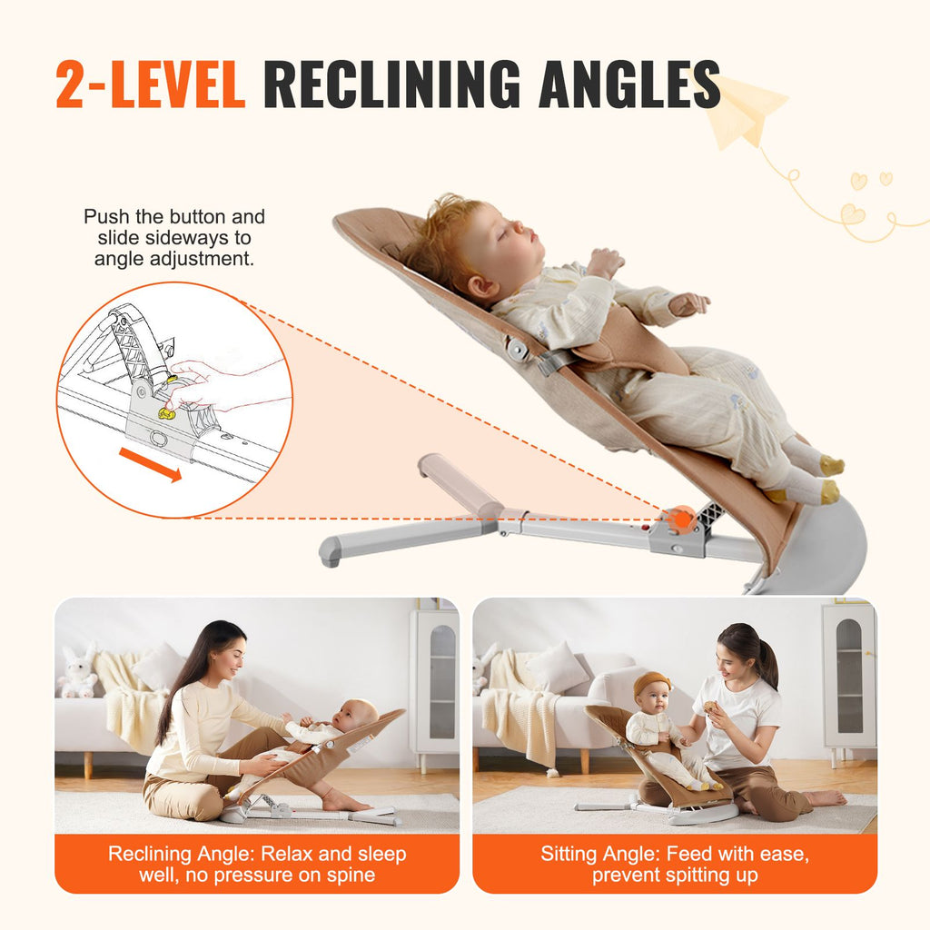 Baby Bouncer, Folding Bouncer Seat for Babies 0-9 Months, Newborn Bouncer Chair with 2 Reclining Angles & 3-Point Harness, Portable Infant Rocker with Carrying Bag for Indoors Outdoors, Camel