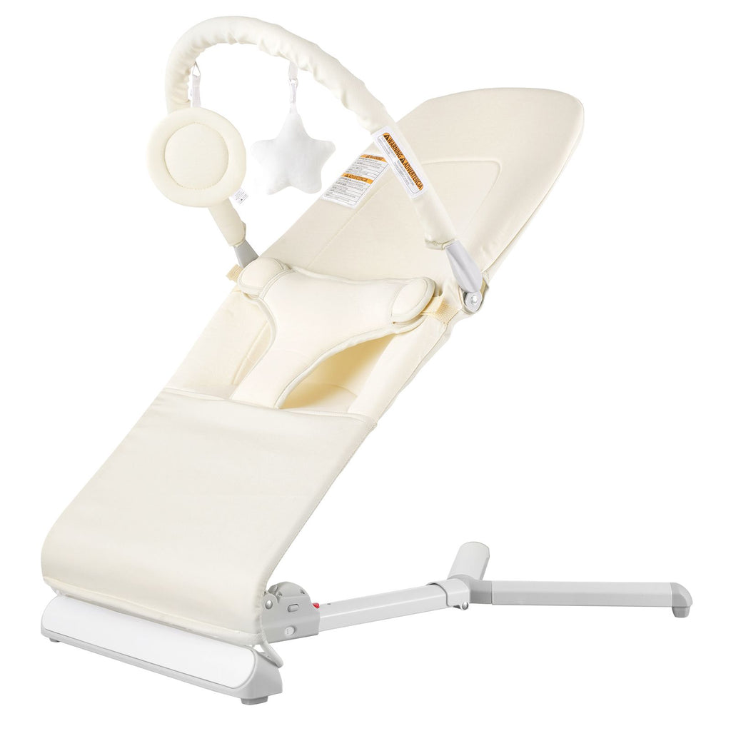 Baby Bouncer, Folding Bouncer Seat for Babies 0-9 Months, Newborn Bouncer Chair with 2 Reclining Angles & Rotatable Toy Bar, Portable Infant Rocker with Carrying Bag for Indoors Outdoors, Beige