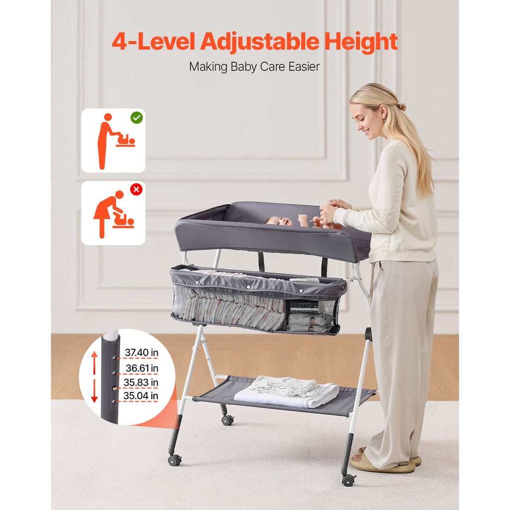 Baby Changing Table, Foldable Diaper Change Station with Side Basket, Adjustable Height Portable Changing Table with Lockable Wheels, Multi-Functional Storage Organizer Nursery, Dark Gray