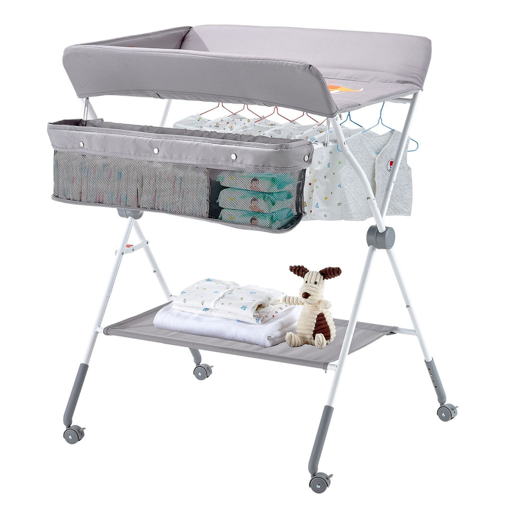 Baby Changing Table, Foldable Diaper Change Station with Side Basket, Adjustable Height Portable Changing Table with Lockable Wheels, Multi-Functional Storage Organizer Nursery, Light Gray