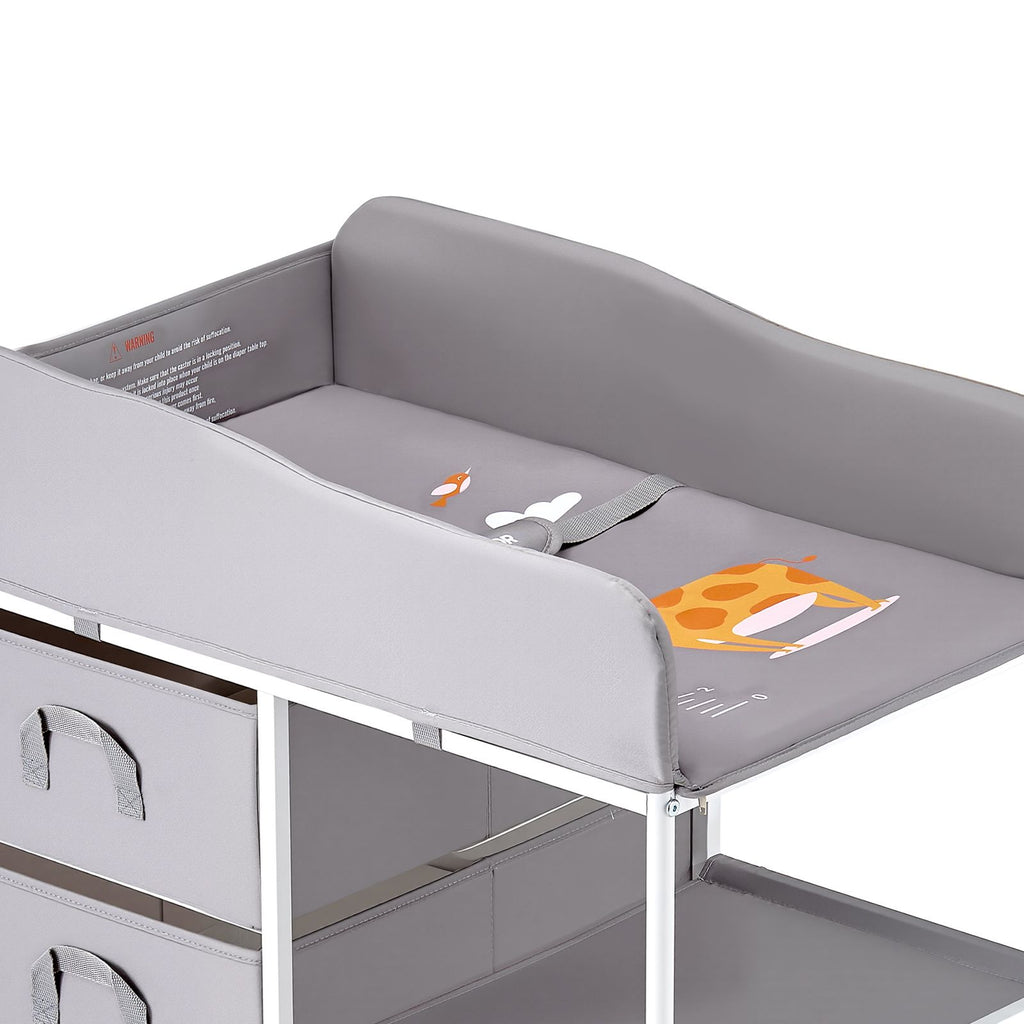 Baby Changing Table, Portable Diaper Change Station with 3 Fabric Drawers and Lockable Wheels, Adjustable Height Multi-Functional Changing Station Table with Storage Organizer Nursery, Gray