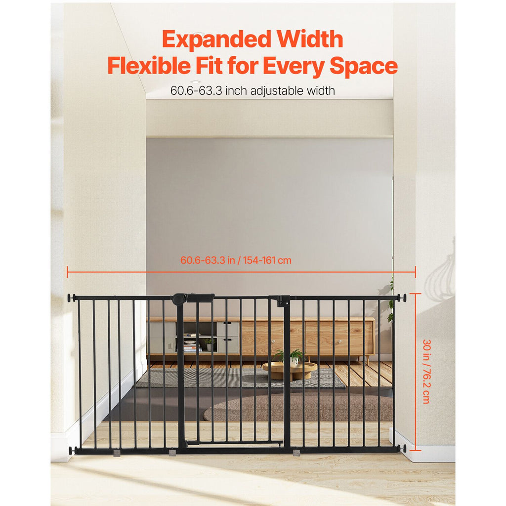 Baby Gate, 60.6-63.3 Inches Adjustable Width, 30 Inches High Dog Gate, Easy Step Walk Thru, for Child Pet Security, Pressure Mount Kit, Wall Cups, One-Hand Open, for Stairs and Doorways, Black image 2