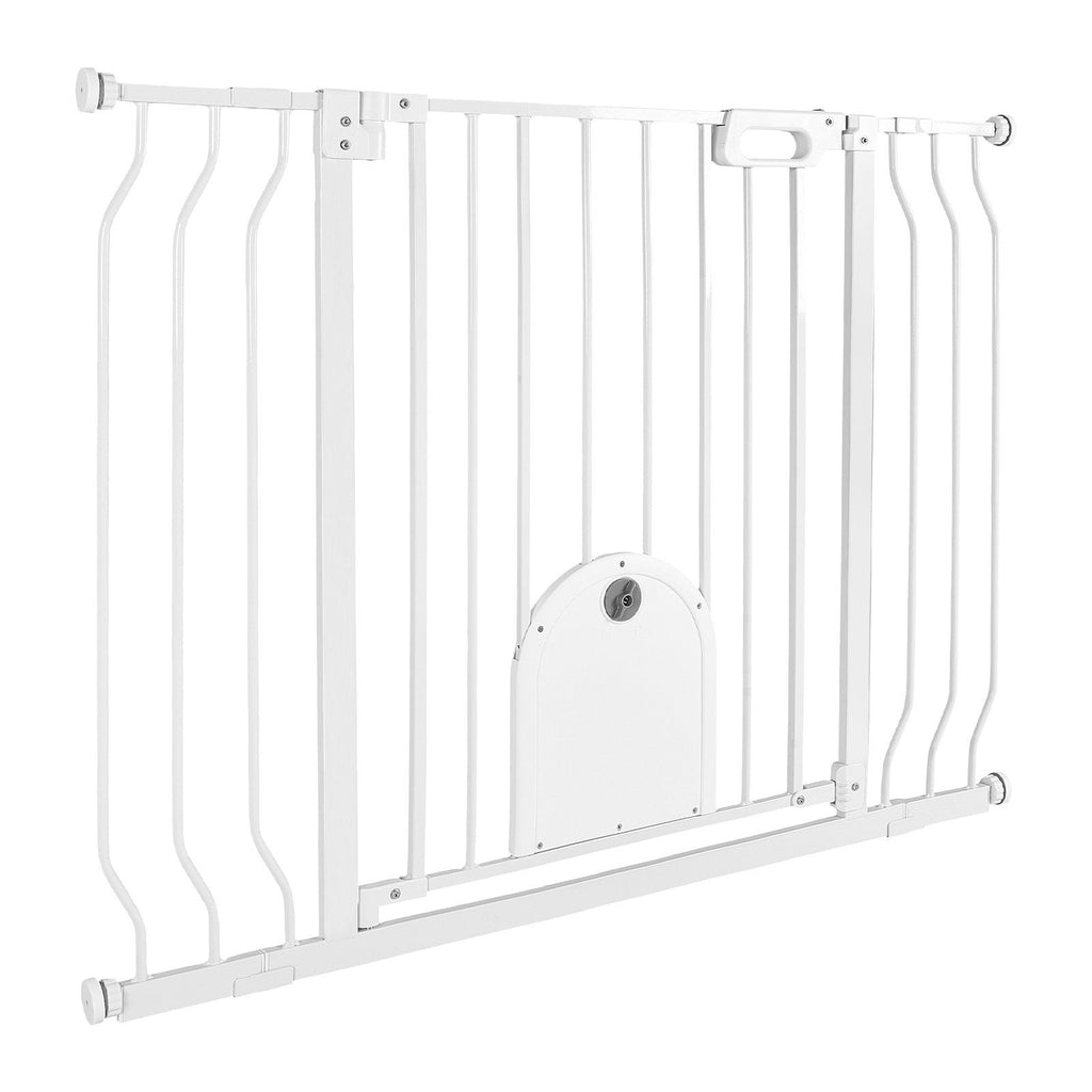 Baby Gate for Stairs, 29.5-43 in Adjustable Width, Baby Gate with Adjustable Cat Door, with Pressure Mount Kit and Wall Mount Kit, Secure Metal Pet Door for Stairs, Doorways, and House, White