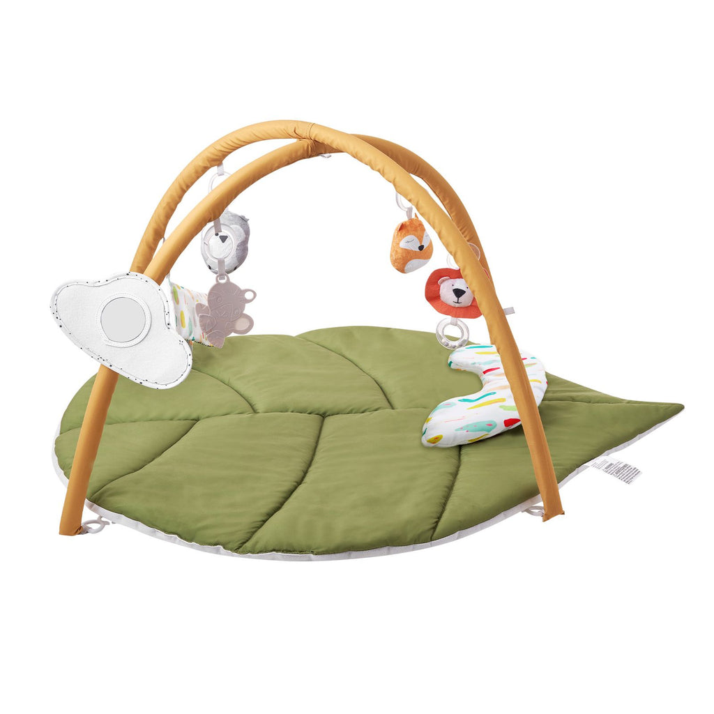 Baby Play Gym Mat, Baby Activity Mat with 6 Sensory Toys, Oversize Leaf-Shaped Tummy Time Mat for 0-18 Months Newborn Infant, Baby Essential Gift for Motor Skills & Early Cognitive Development