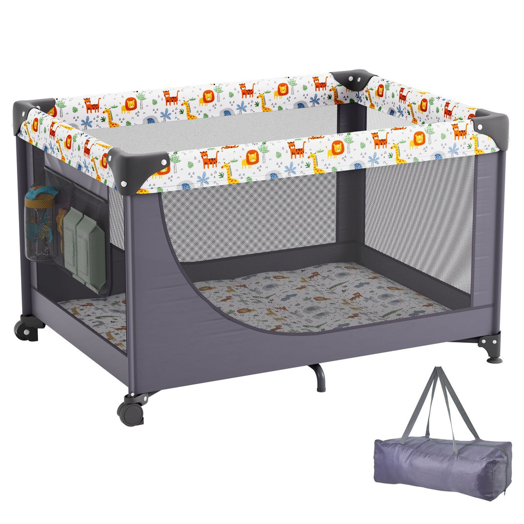 Baby Playpen Travel Crib, Quick-Folding Playpen for Baby & Toddler, Portable Baby Fence Play Yard with Wheels, Breathable Mesh & Travel Bag, Indoor/Outdoor Kids Activity Center for 0-36 Months
