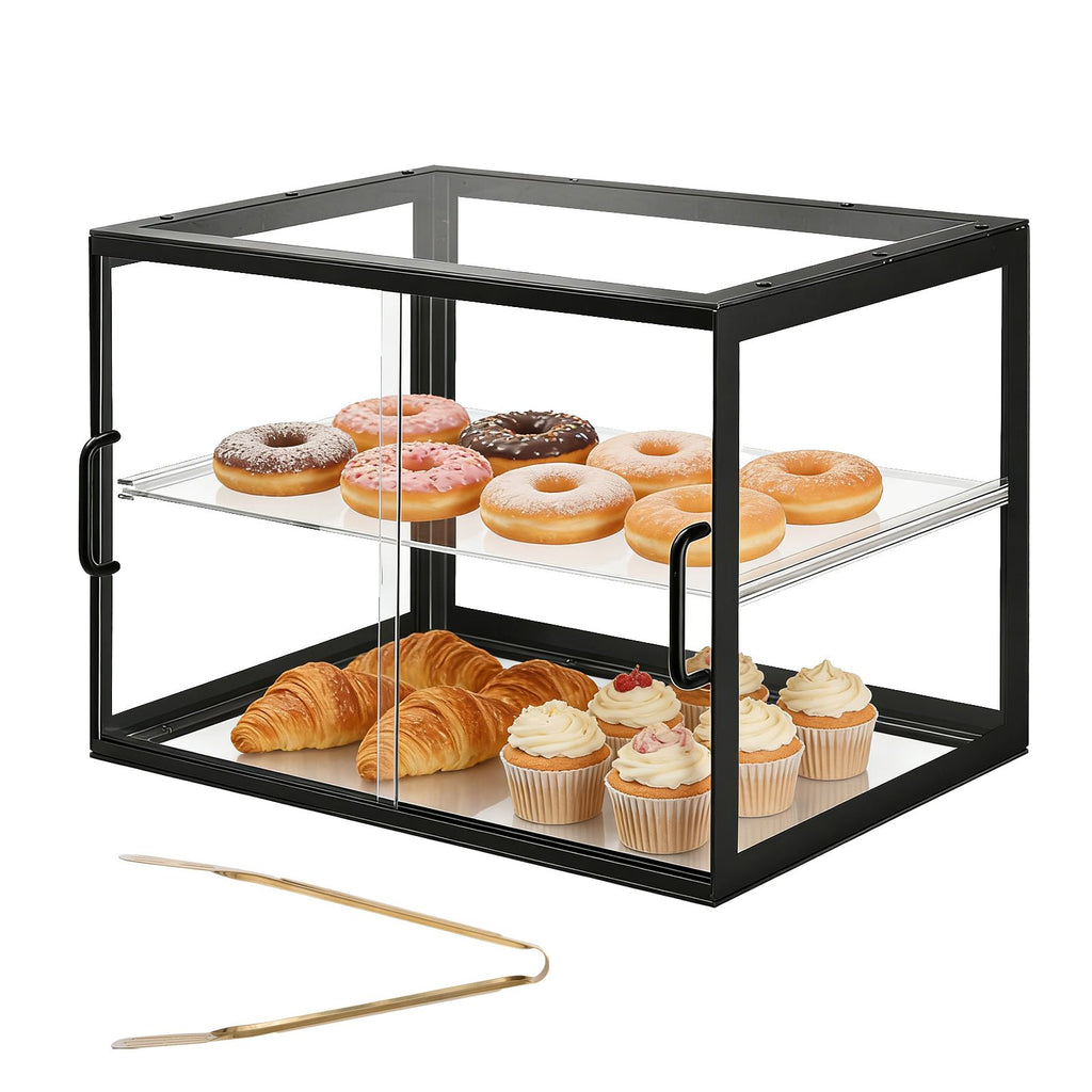 Bakery Display Case, 2-Tier Commercial Countertop Pastry Display Case, Clear Acrylic Bread Box for Kitchen, Party Cake Cabinet with Sliding Door for Cookie Dessert Donut, 21.7" x 15.2" x 15.4"