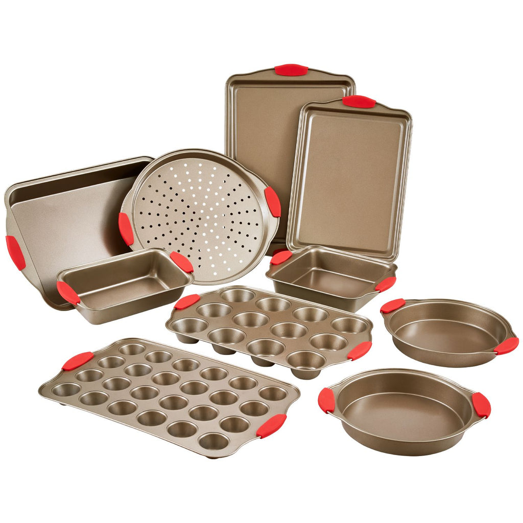 Baking Pans Set, 10-Piece, Nonstick Carbon Steel Cookware Sheets & Trays, Stackable Kitchen Oven Bakeware Cooking Sets with Silicone Handles, Easy to Clean, for Baking Cookie Cake Muffin Bread
