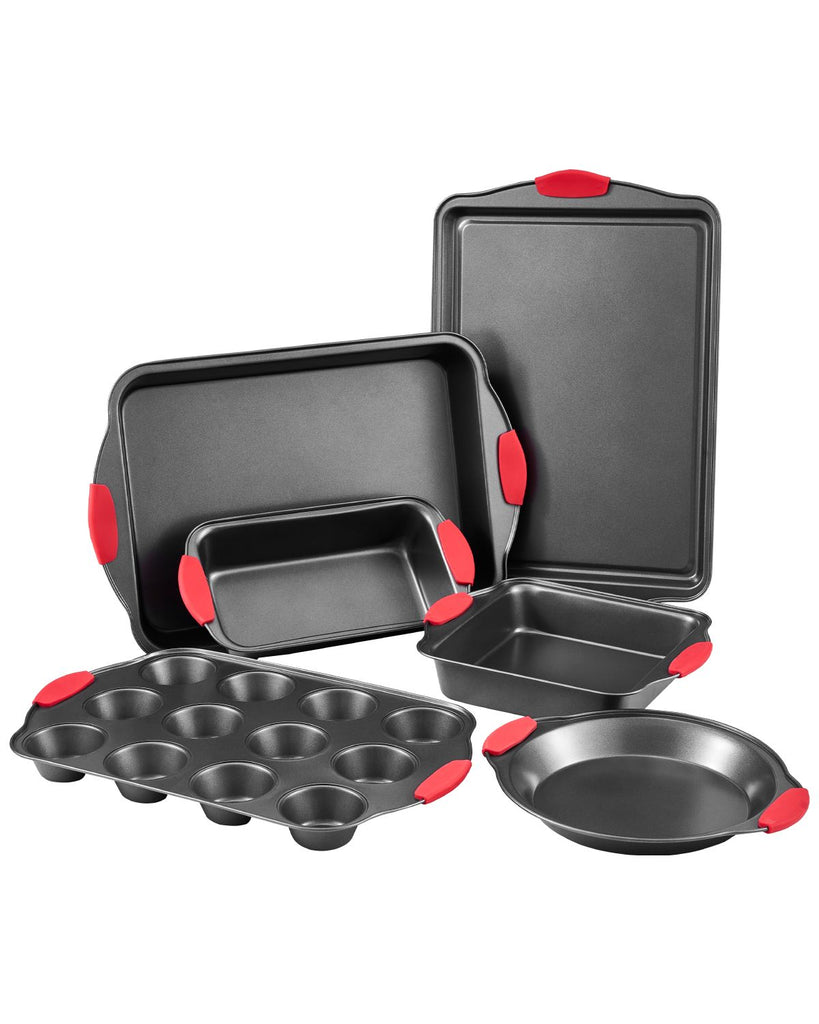 Baking Pans Set, 6-Piece, Nonstick Carbon Steel Cookware Sheets & Trays, Stackable Kitchen Oven Bakeware Cooking Sets with Silicone Handles, Easy to Clean, for Baking Cookie Cake Muffin Bread