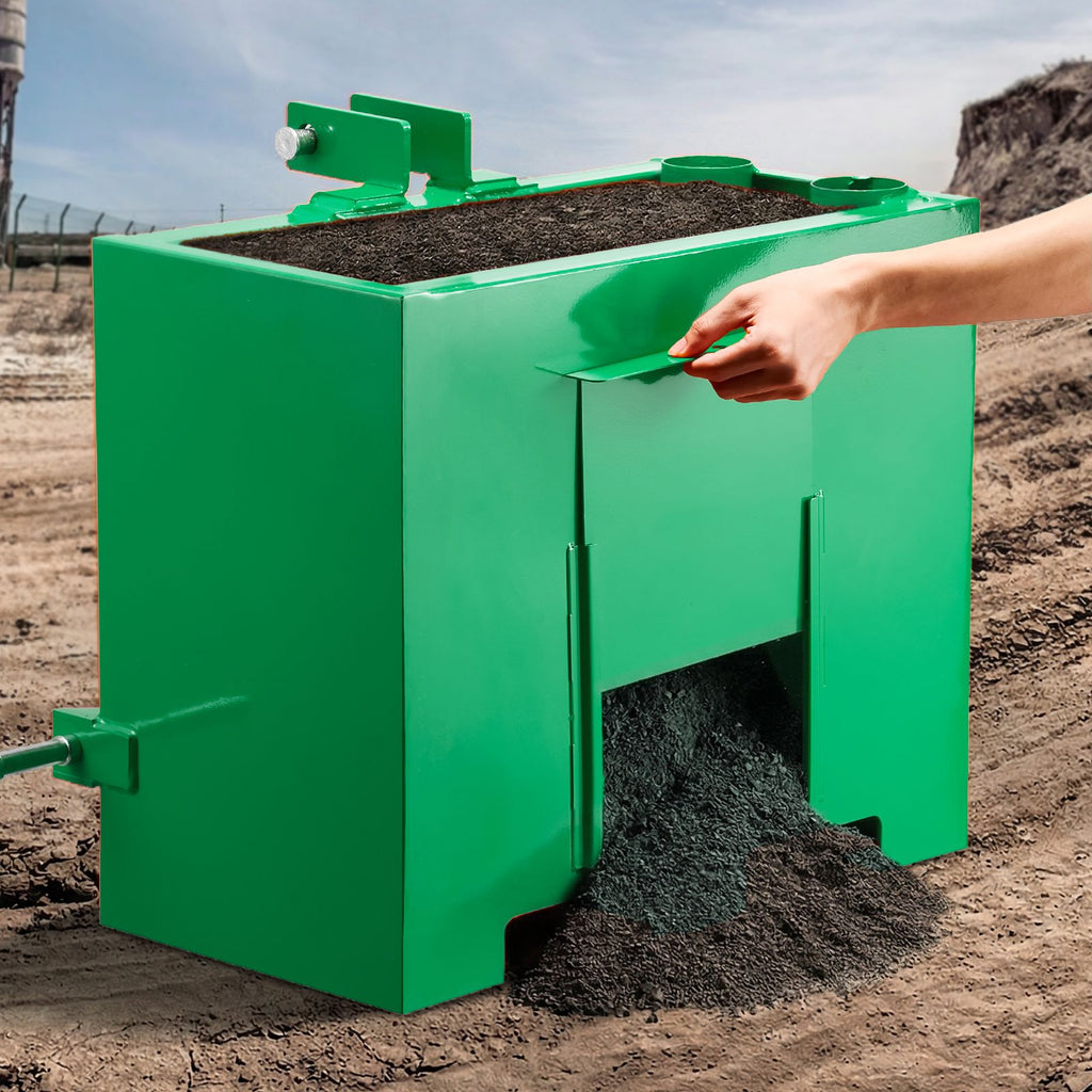 Ballast Box, 3-Point Category 1 Tractor Ballast of 800 lbs Capacity, with Standard 2 Inch Hitch Receiver, Heavy-Duty Steel 3.2 ft³ Large Volume Durable Loader Attachment with Sliding Door, Green