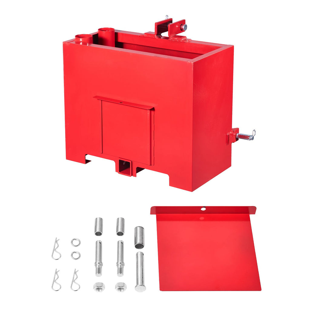 Ballast Box, 3-Point Category 1 Tractor Ballast of 800lbs Capacity, for 2 Inch Hitch Receiver, Heavy-Duty Steel 4.3 ft³ Large Volume Loader Attachment with Sliding Door, Red